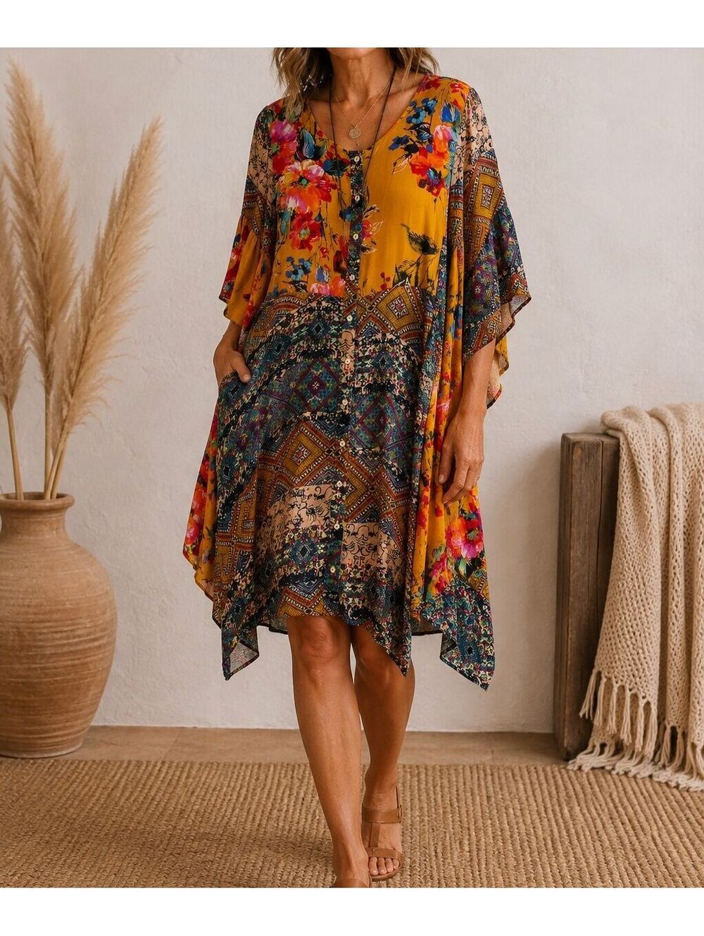 Umgee Boho Floral Mixed Print Dress Lagenlook Kimono Sleeve Handkerchief Hem S